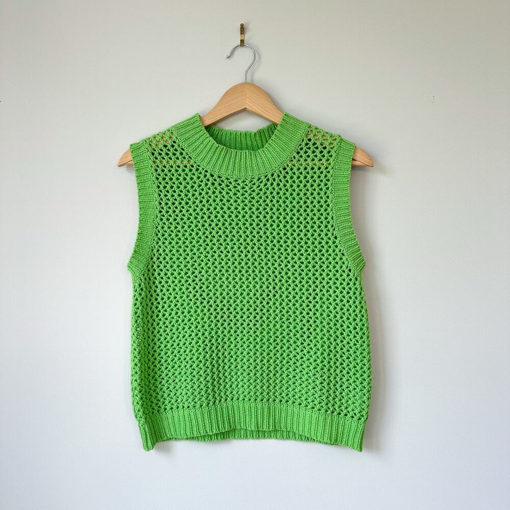 Self Contrast Dade Crop Open Knit Crew Neck Sleeveless Pullover Sweater Green XS